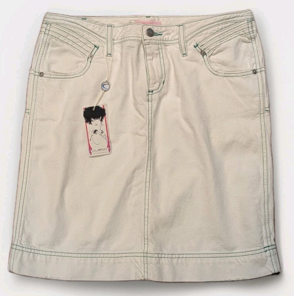 Custo Barcelona Denim Mini Skirt W40 Deadstock Green Stitch Y2K Designer